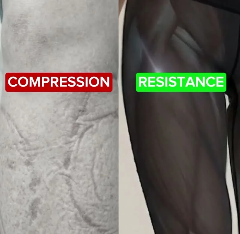 Split image comparing compression leggings with resistance band leggings