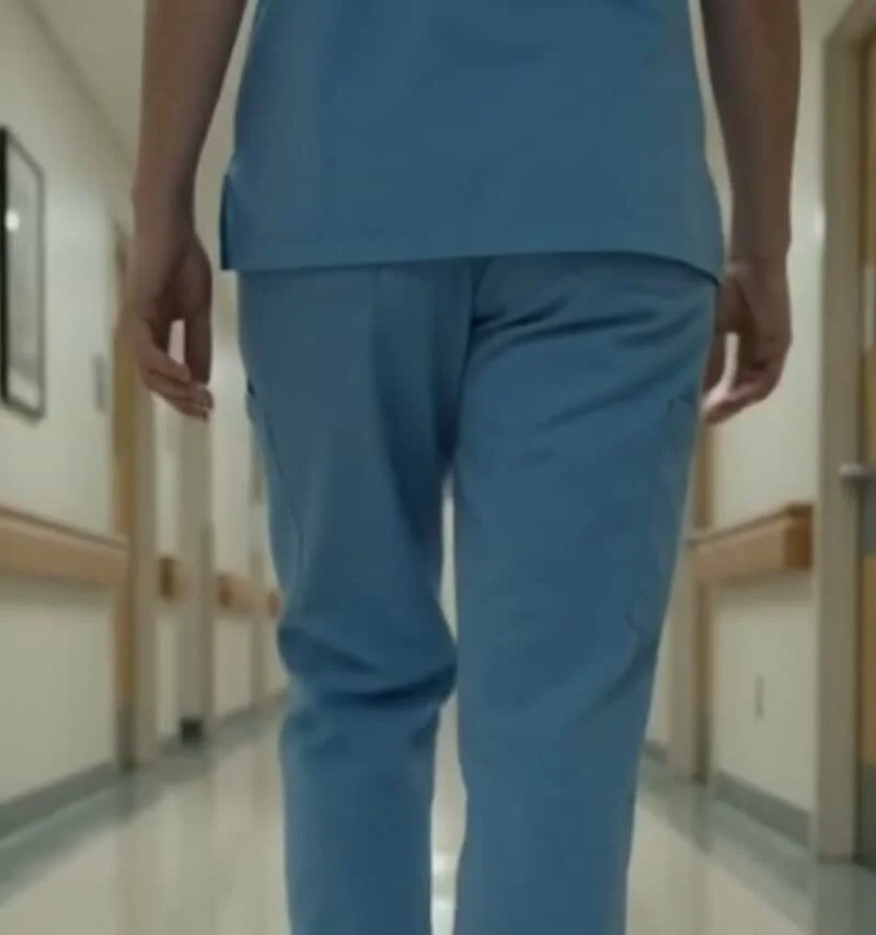 Nurse in scrubs walking down a hospital corridor